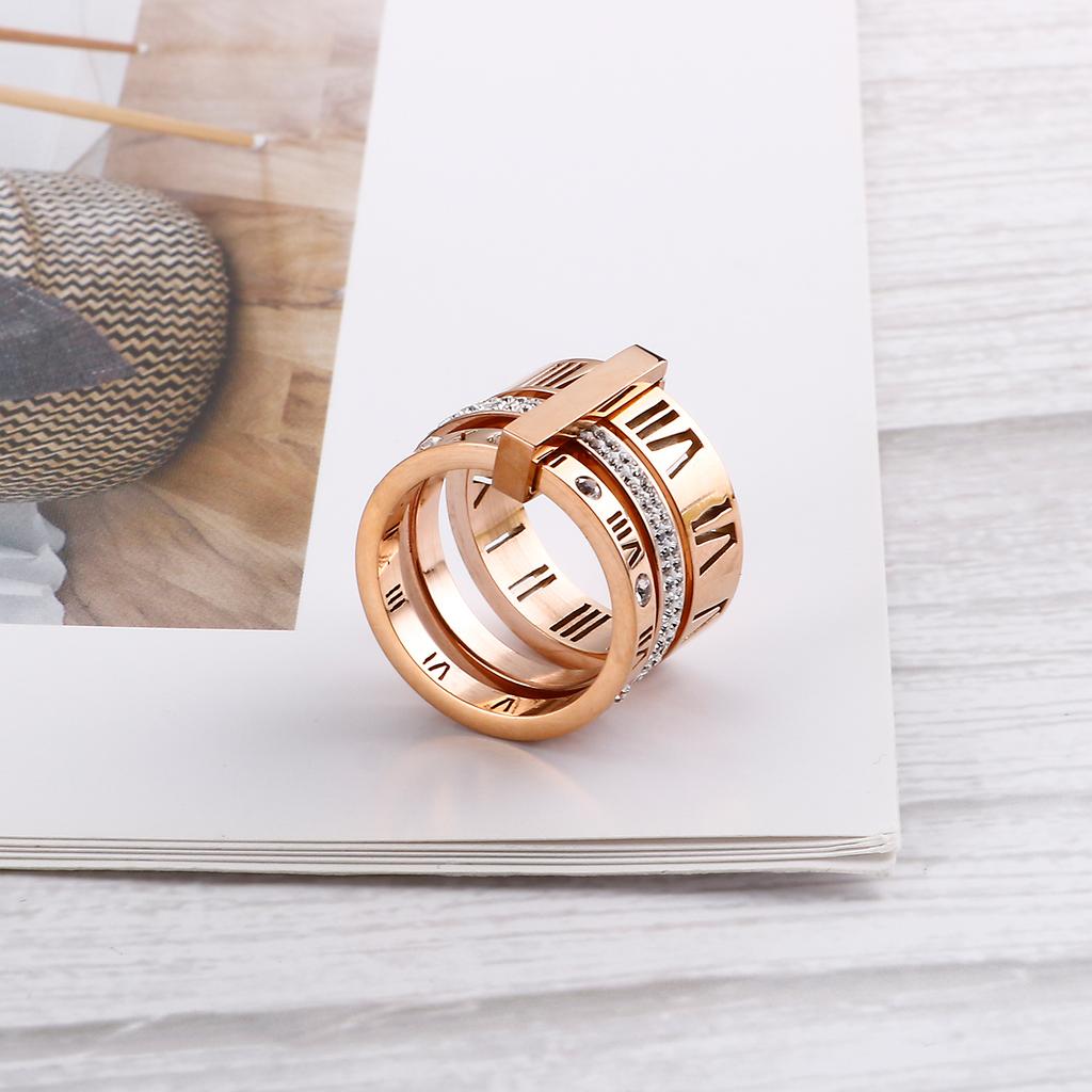 Roman Numeral Rhinestone Jewelry Stainless Steel Girl Pattern Charm Ring Ladies Mom Holiday Gift Size6-9