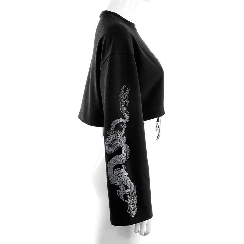 Women Dragon Print Hoodies Fashion Casual Female Loose Short Top Pullover Sweatshirts Streetwear New Autumn Outfit