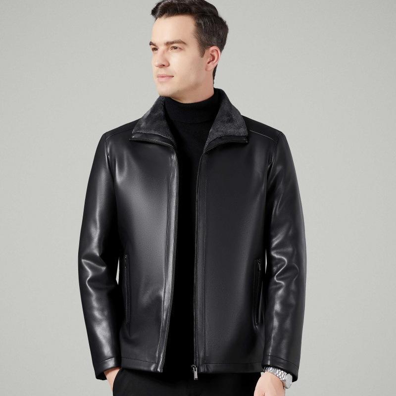 Fur-in-one Leather Jacket for Middle-aged and Elderly Men, Plus Velvet and Thickened Leather Jacket, Winter Genuine Leather Daddy Lapel Jacket