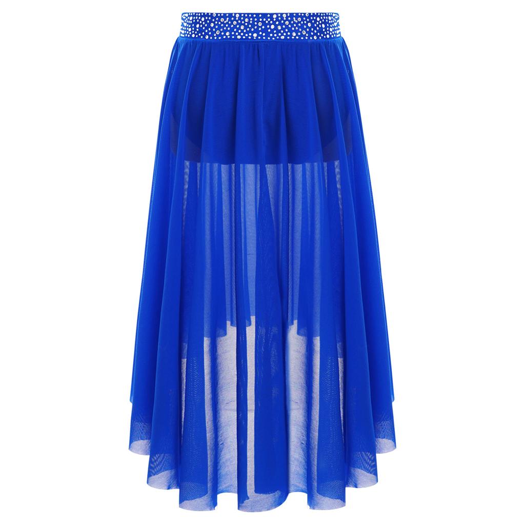 Юбка для лирического танца для девочек с блестящим поясом из стразов, сетчатая юбка хай-лоу, боковой разрез, современный