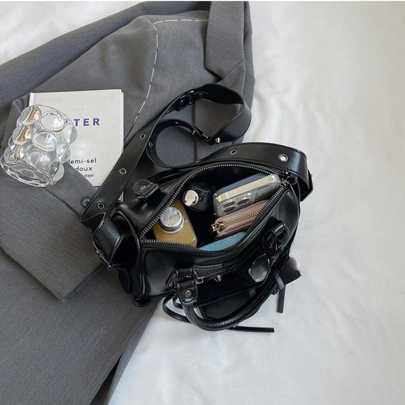 Mini Cylinder Motorcycle Bag Women's Rivet Tassel Three-in-One Pleated Cowhide Single Shoulder Slant Cross Handbags