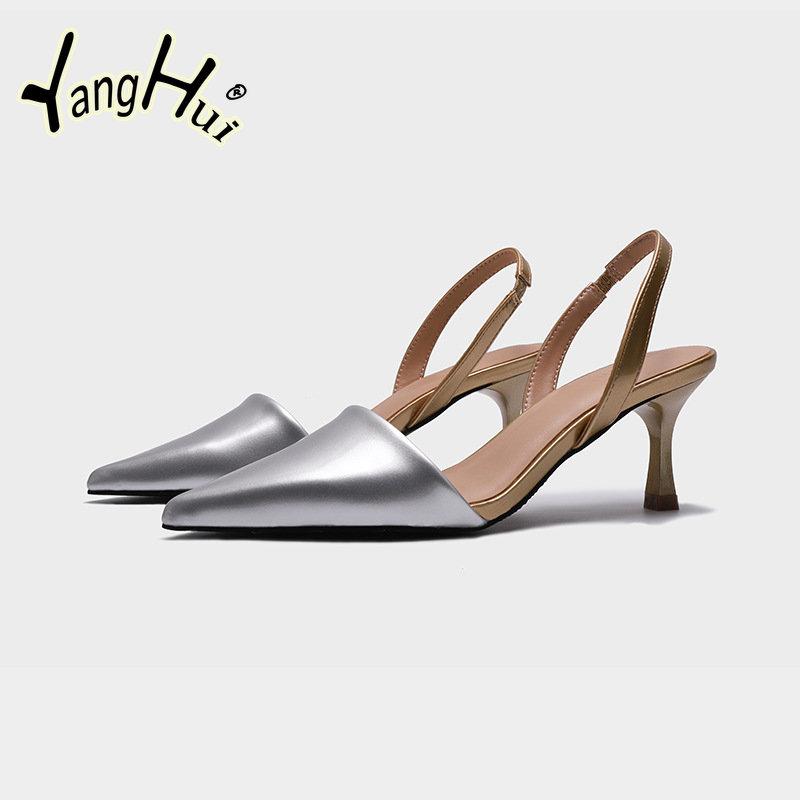 Темпераментные серебристые туфли с острым носком для вечеринок, изящные туфли на высоком каблуке 2024 года, новые модные современные сандалии из искусственной кожи, лето