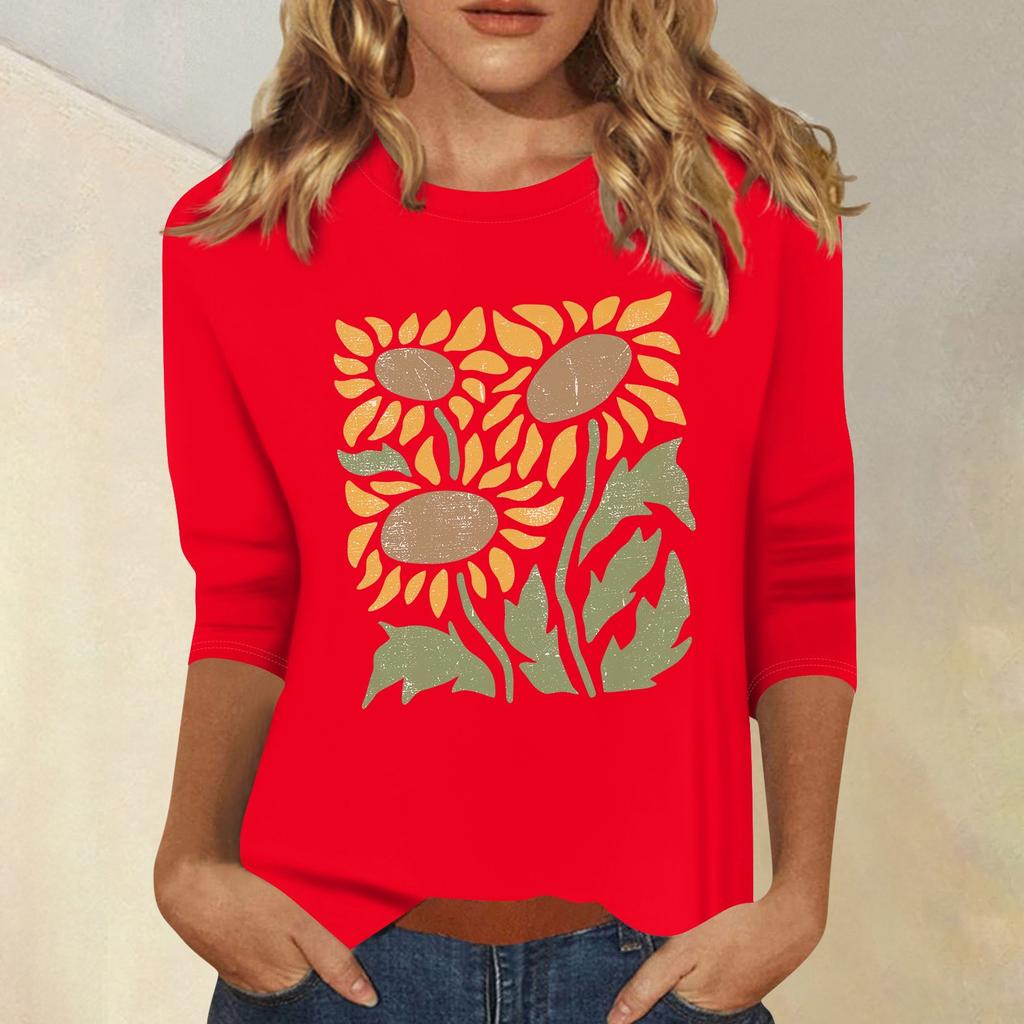 Women's Fashion Casual Printed Seven Sleeve Round Neck Top