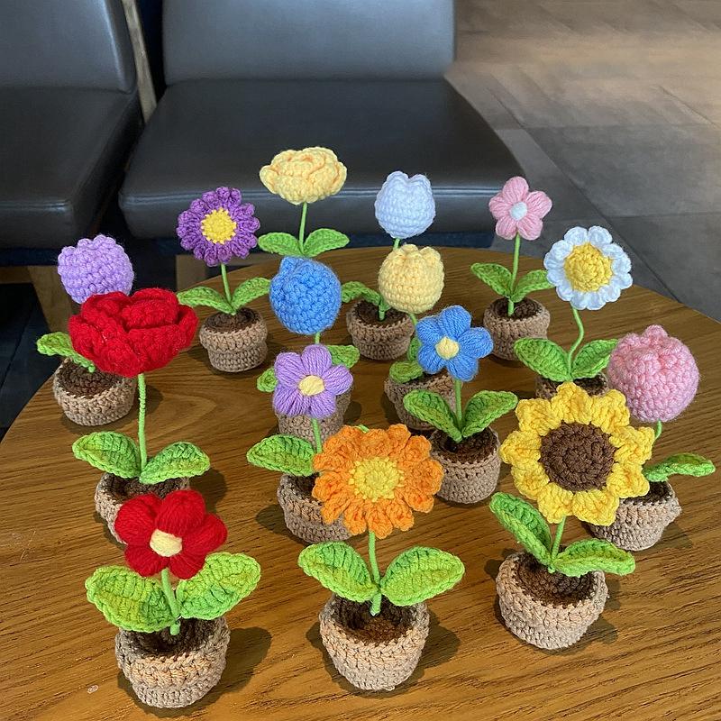 Crochet Knitting Flowers Potted Homemade Crochet Rose Tulip Daisy Office Desktop Ornaments Car Automotive Interior Decoration