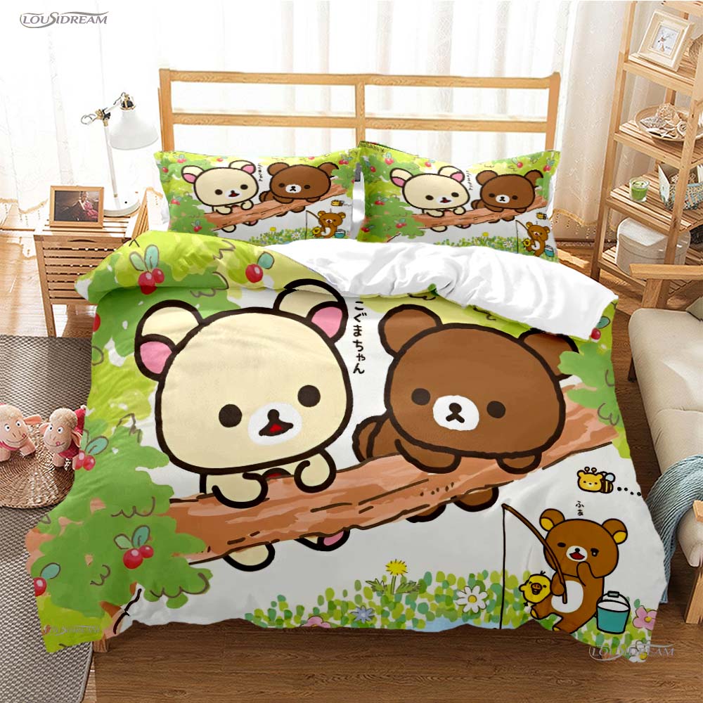 Мультяшный медведь Рилаккума Аниме Всесезонное постельное белье kawaii Комплект постельного белья Мягкое покрывало и наволочки Односпальное/Двуспальное/Queen/King