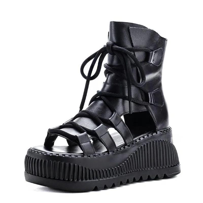 Модные 8 см Этнические Коровьи Натуральная Кожа Ботильоны Женские Полые Пикантный Носок Платформа Танкетка Дышащие Молния Летняя Мода Женская Обувь