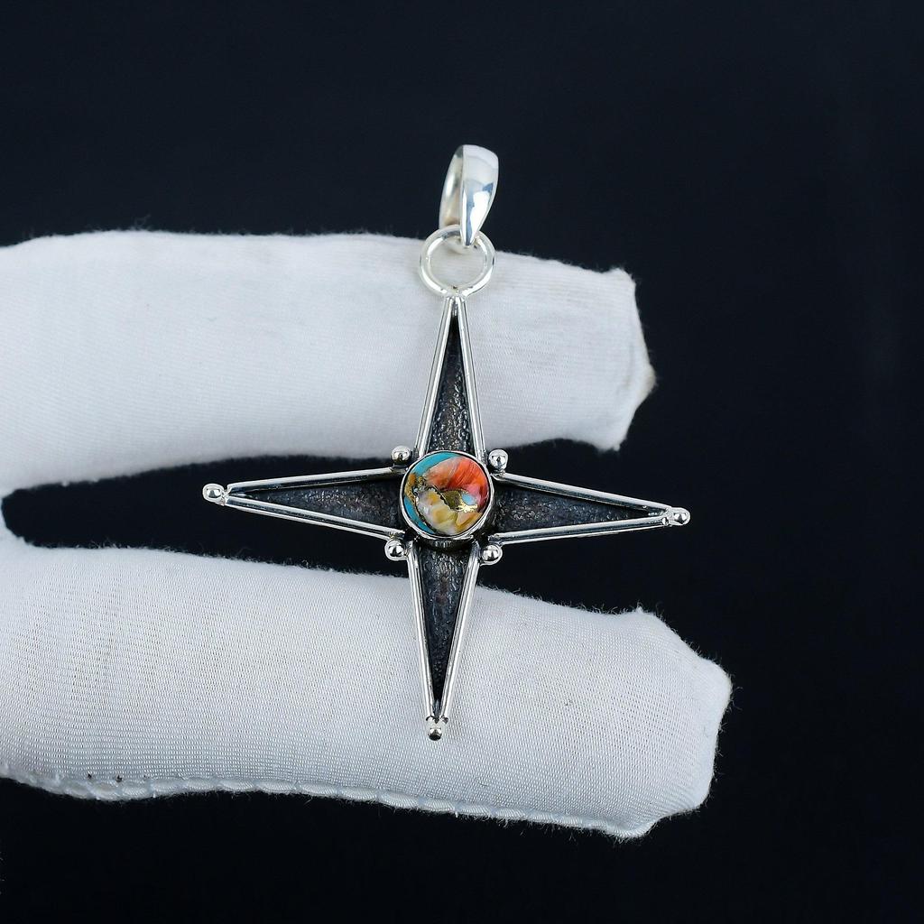 Серебряный кулон с драгоценным камнем Orange Spiny Oyster из серебра 925 пробы — дизайн в виде звезды ручной работы, повседневные украшения, кулон с уникальным дизайном