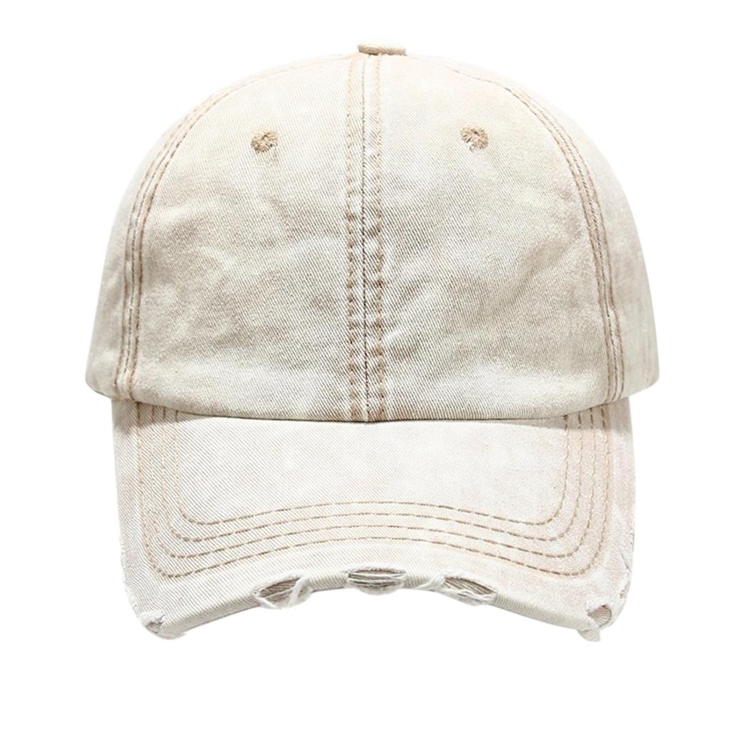 Washed and Distressed Denim Baseball Cap with Holes and Frayed Edges