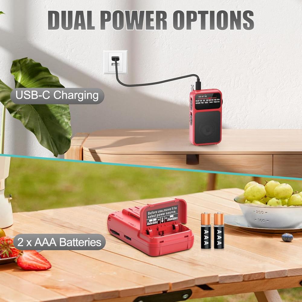 Карманный радиоприемник AM FM USB-C с зарядкой и питанием от аккумулятора, отличный прием, чистый звук, динамик и разъем для наушников, задняя клипса, фонарик, транзисторное радио