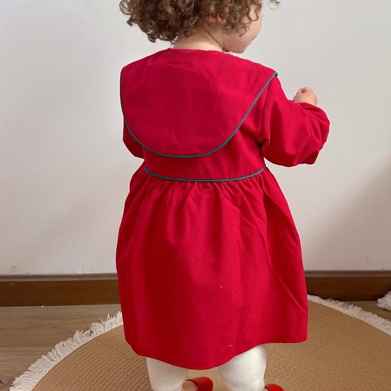 Вельветовое платье для девочек Платье принцессы для девочек с воротником Питер Пэн, темно-красное платье