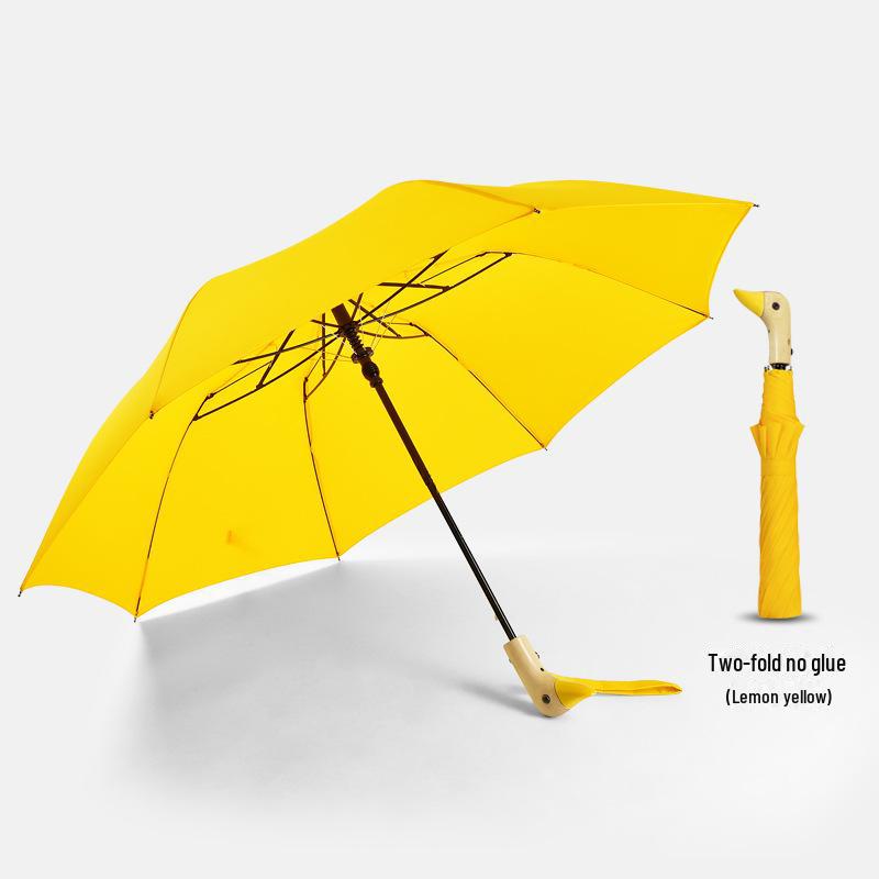 Мультяшный зонт «Утка»: Полуавтоматический, многоцветный, черный пластик, деревянная ручка, симпатичный дизайн в виде желтой утки