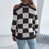 Женский повседневный свитер с длинным рукавом, контрастной клеткой и открытыми плечами