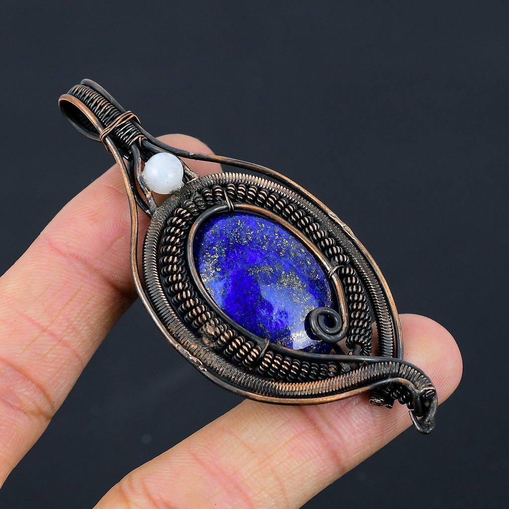 Beautiful Lapis Lazuli, Moonstone Gemstone Pure Copper Wire Wrapped Designer Handmade Pendant Jewelry Gift