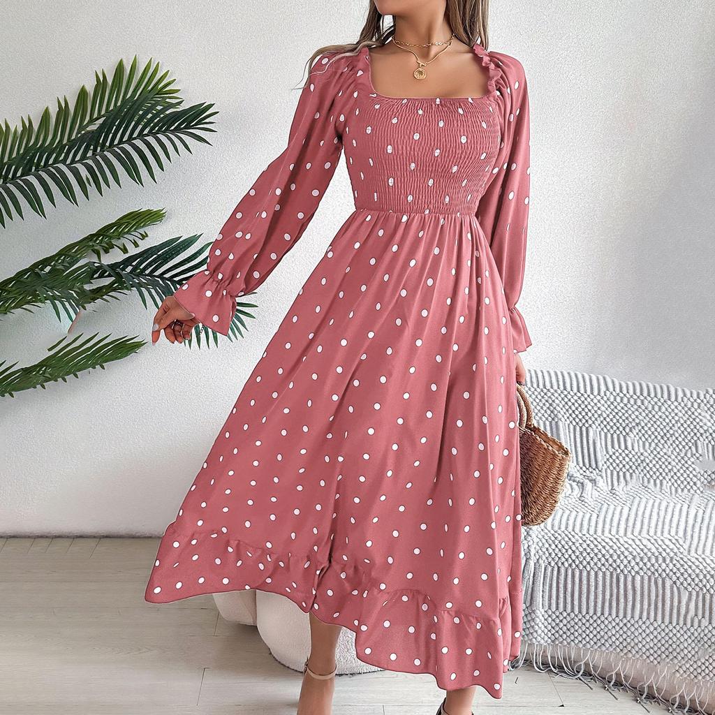 Женское осенне-зимнее темпераментное однотонное плиссированное платье в горошек с высокой талией и длинными рукавами