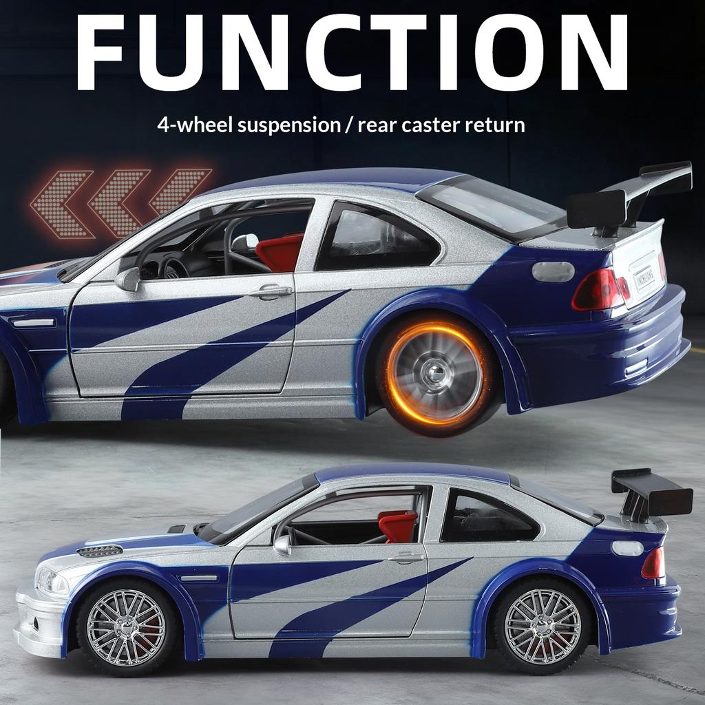 1/24 M3 GTR E46 Металлическая литая модель автомобиля Звук и свет Симуляция Оттяжка Мальчик Игрушечная машина Настольный дисплей Украшение Подарок на день рождения