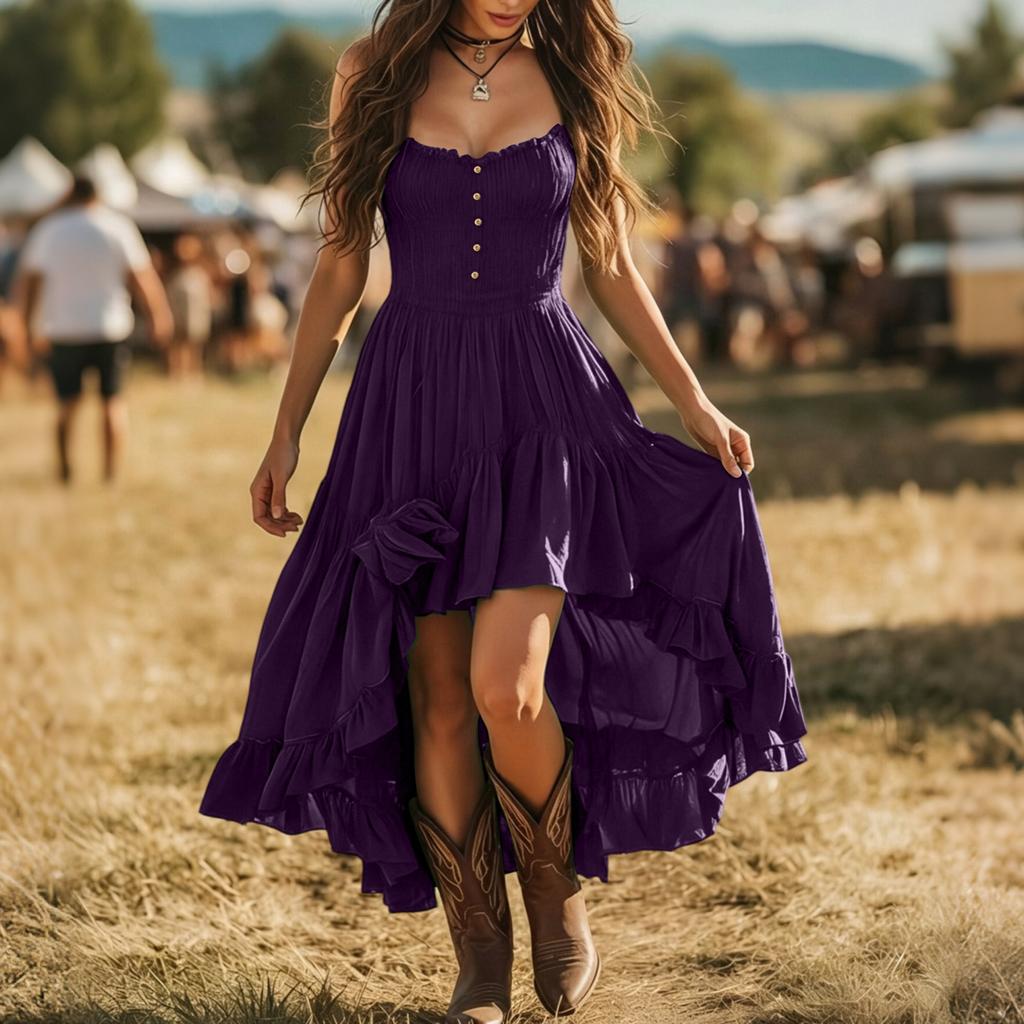 Women's Vintage Elegant Strapless Dress with Smocked Bust , Cinched Waist and Irregular Ruffle Hem