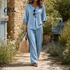 Soft Texture Women Pants Summer 2 Piece Sets for Women, Casual Ruffle 3/4 Sleeve Buttons V Stretchy Waist Neck Top And Wide Leg Matching Set,