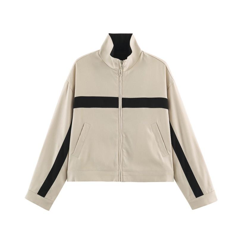 ZA Womens 2026 Fall Fashion Jacket 7 Colors Contrast Stand Collar Zip Slim Fit Casual Outerwear