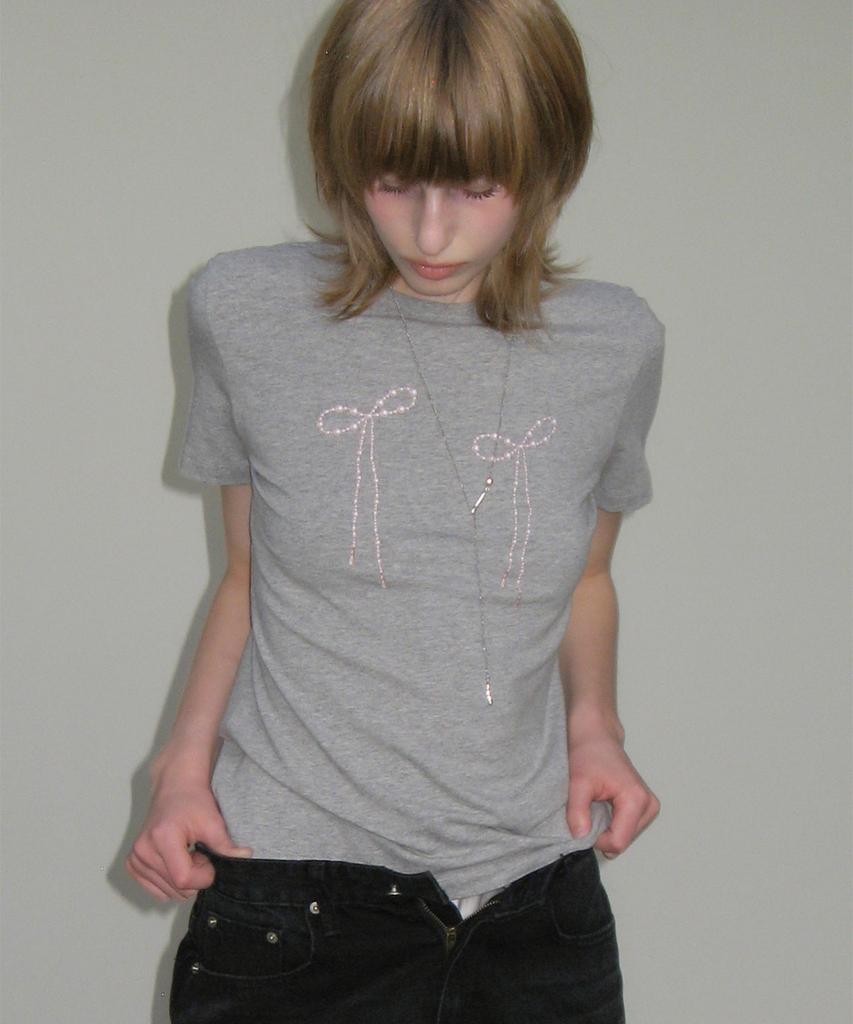 MILLO WOMEN Pearl Ribbon T-Shirt [Melange Gray]