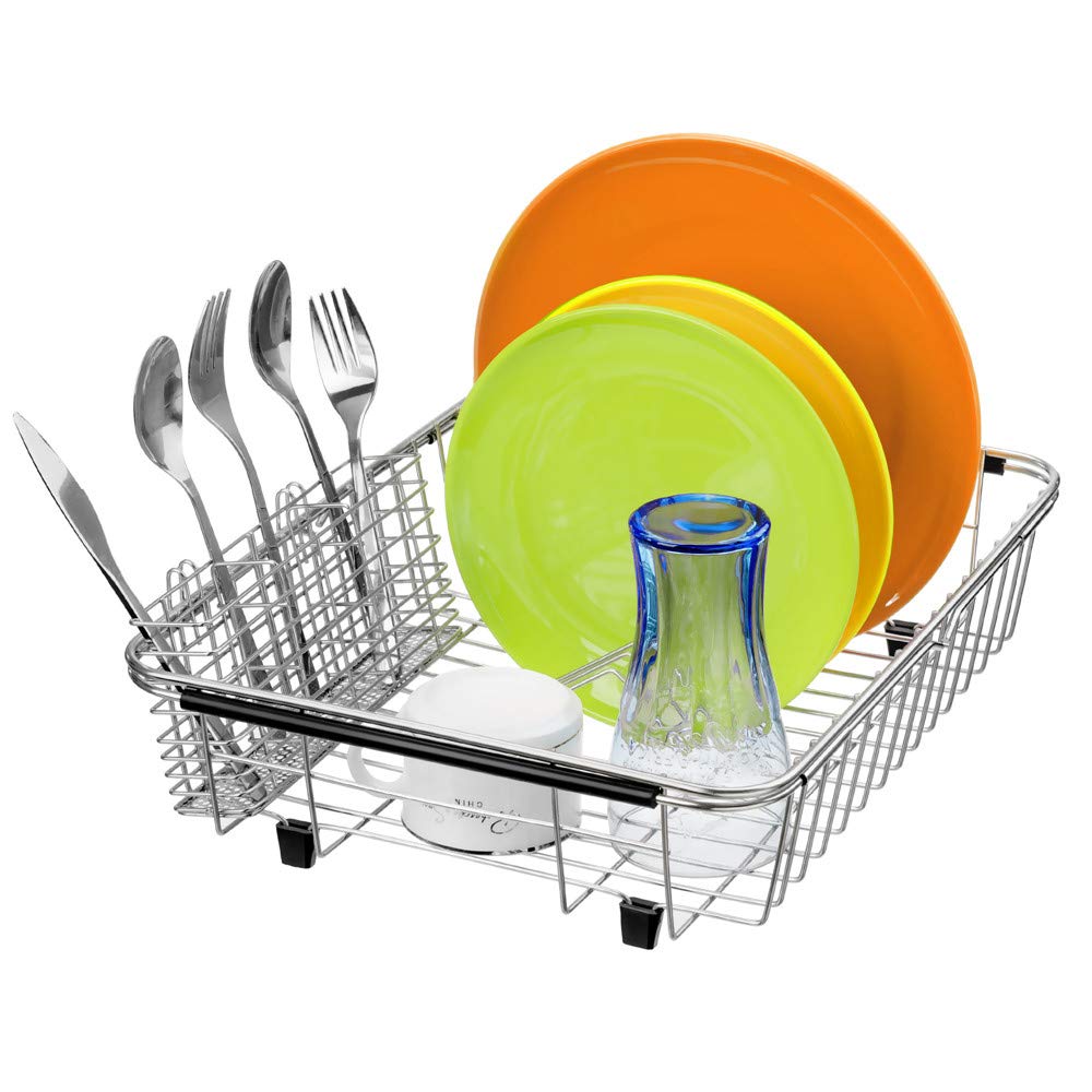 SANNO Expandable Dish Drainer Wire Sliding Dish Dish Drainer Kitchen Dish Cutlery Holder Stainless Steel Basket, Drainer, Rack, Rack, Holder,
