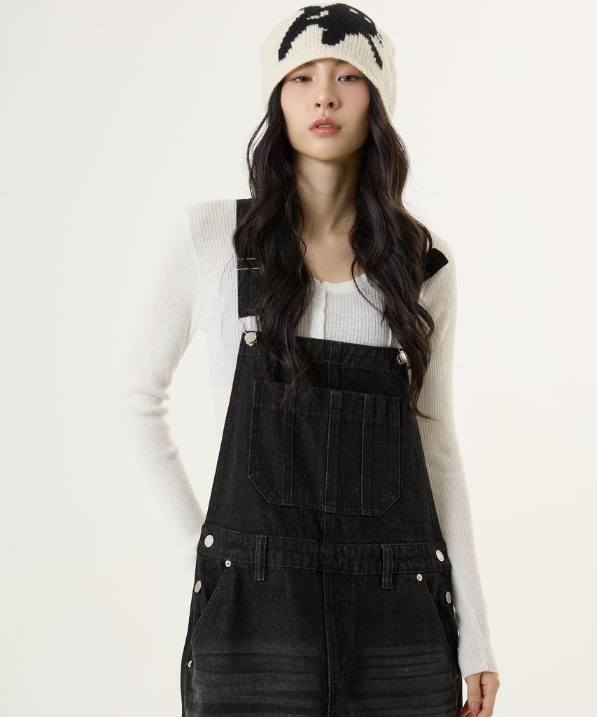 Unknown Planet Overalls Denim Long Skirt Sand Black