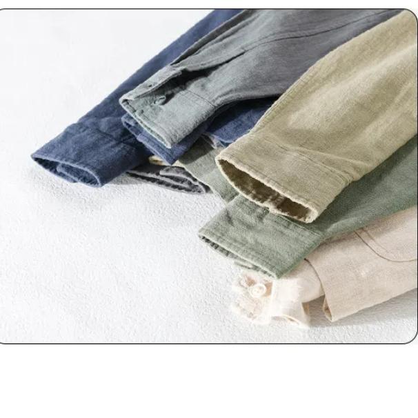 Весенние и осенние рубашки с длинным рукавом для мужчин в китайском стиле из хлопка и льна, повседневная мужская одежда с несколькими карманами, однотонная рубашка с воротником-лацкан