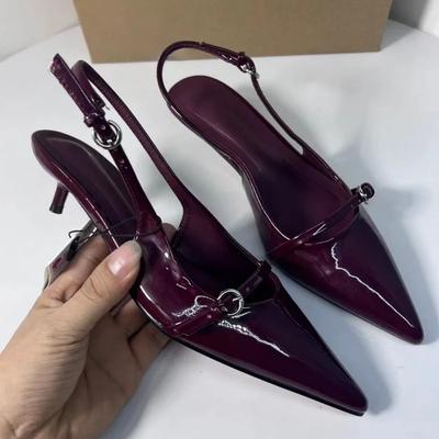 Модные женские сандалии с острым носком и ремешком с пряжкой, однотонные, неглубокие, модные, сексуальные, для вечеринок, с ремешком на пятке, 2025 год, летние туфли на высоком каблуке