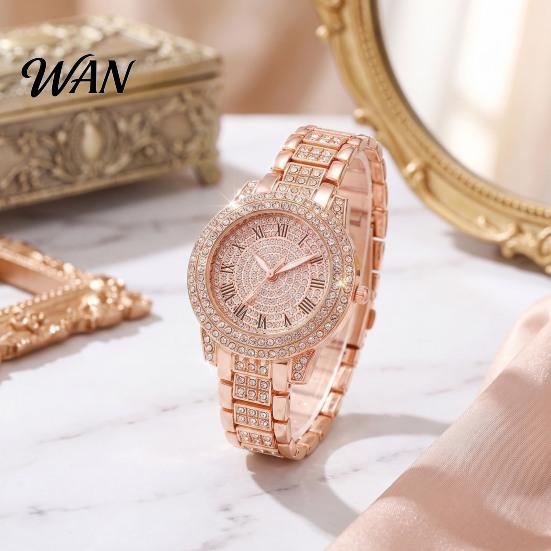 Quartz Watch with Metal Band Women Roman Numerals Rhinestones, Round Dial Ladies Wristwatch Band, for Casual and Formal Wear Rhinestone Inlaid Analog