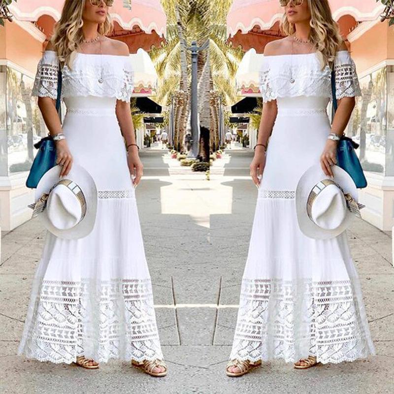 New European and American independent station fashion one-word neck splicing lace dress wholesale