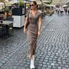 Summer New Style Solid Colors Leisure Versatile Sports Dress Polo Collar Contrast Color Slim Long Dress