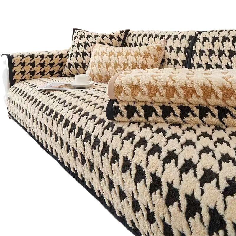 2023 Winter Houndstooth Plush Sofa Cushion Cover – Thick, Non-slip, Universal Pastoral Style