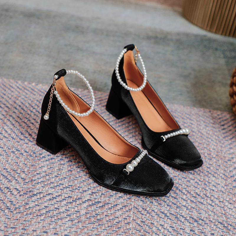 2025 новые ретро жемчужные туфли-лодочки на толстом каблуке женские с неглубоким вырезом, жемчужным ремешком Мэри Джейн, простые туфли-лодочки с квадратным носком и высоким каблуком