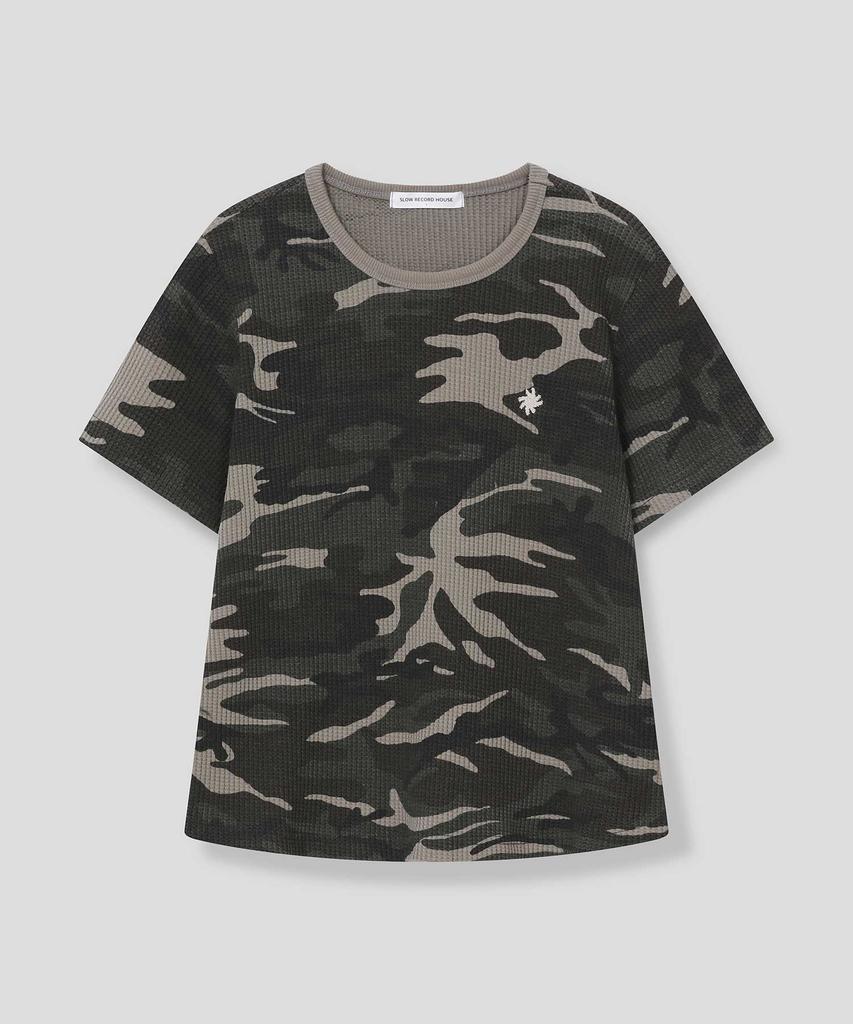 SLOW RECORD HOUSE Logo Waffle Crop T-Shirt_Camo (Khaki)