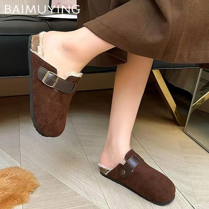 Туфли на плоской подошве женские пушистые тапочки замшевые короткие плюшевые хлопковые мюли обувь 2025 трендовые теплые дизайнерские пряжки зимние снежные ботинки женские