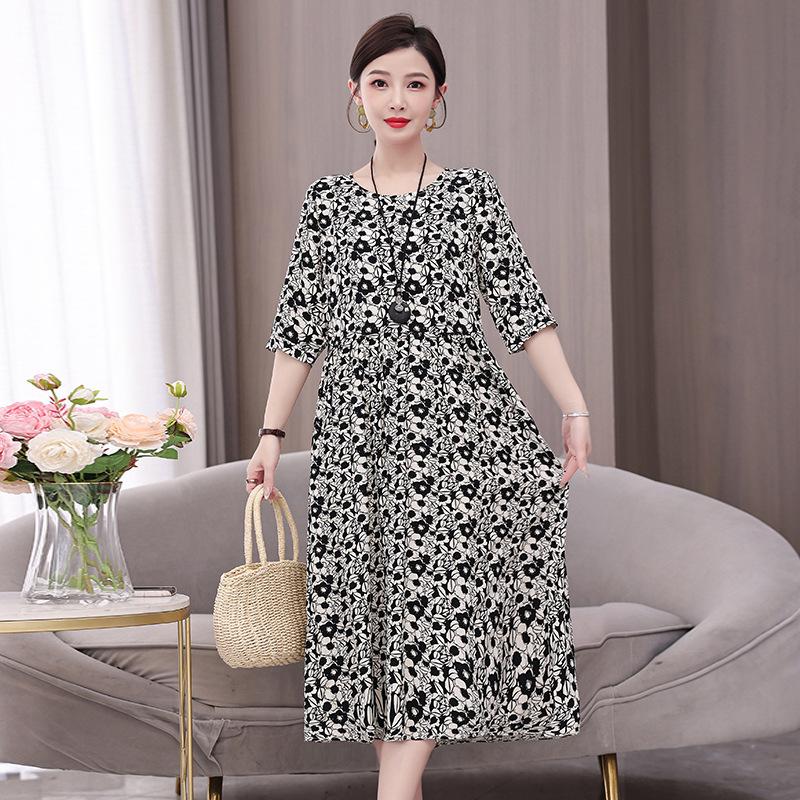 Хлопково-шелковое платье для мамы, летнее хлопково-шелковое платье со средней длиной рукава, свободное платье до колен с принтом в иностранном стиле