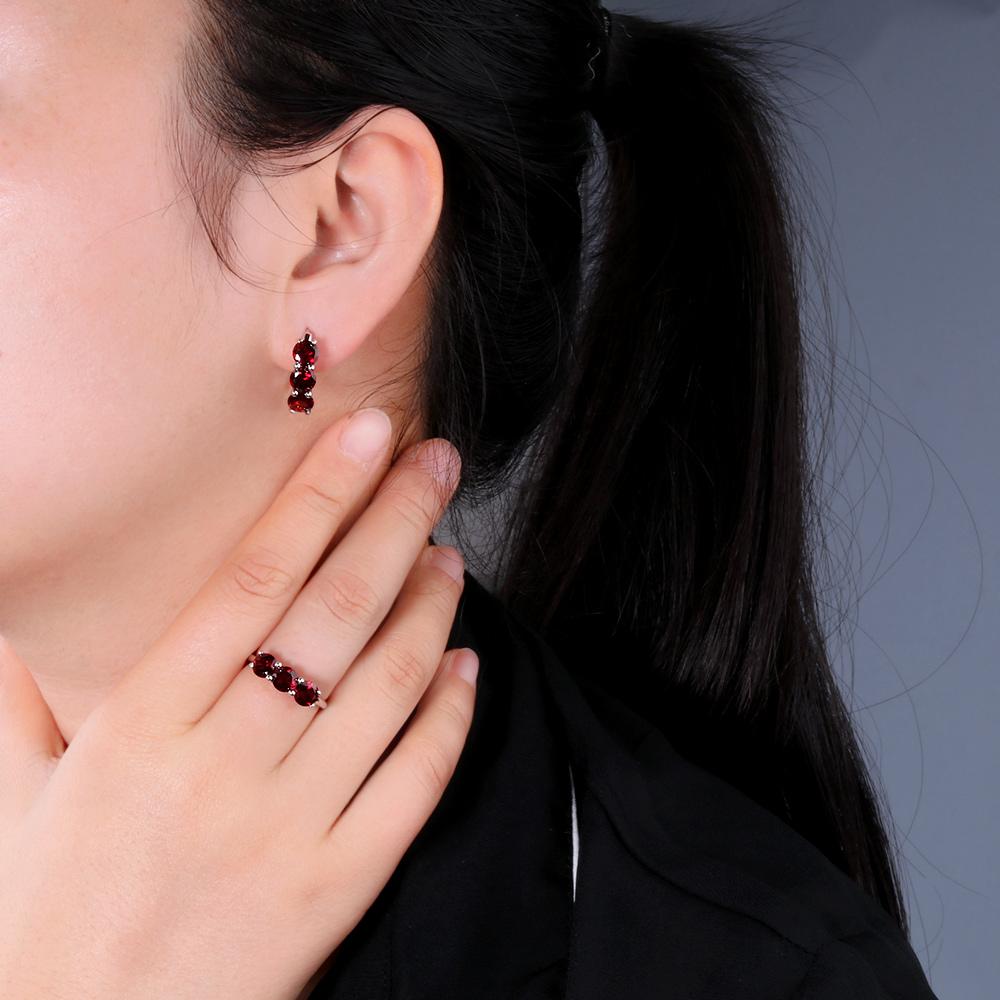 Bolaijewelry Simple Design Natural Garnet Ring Earrings Jewelry Set 925 Sterling Silver Fashion Women's Fine Jewelry