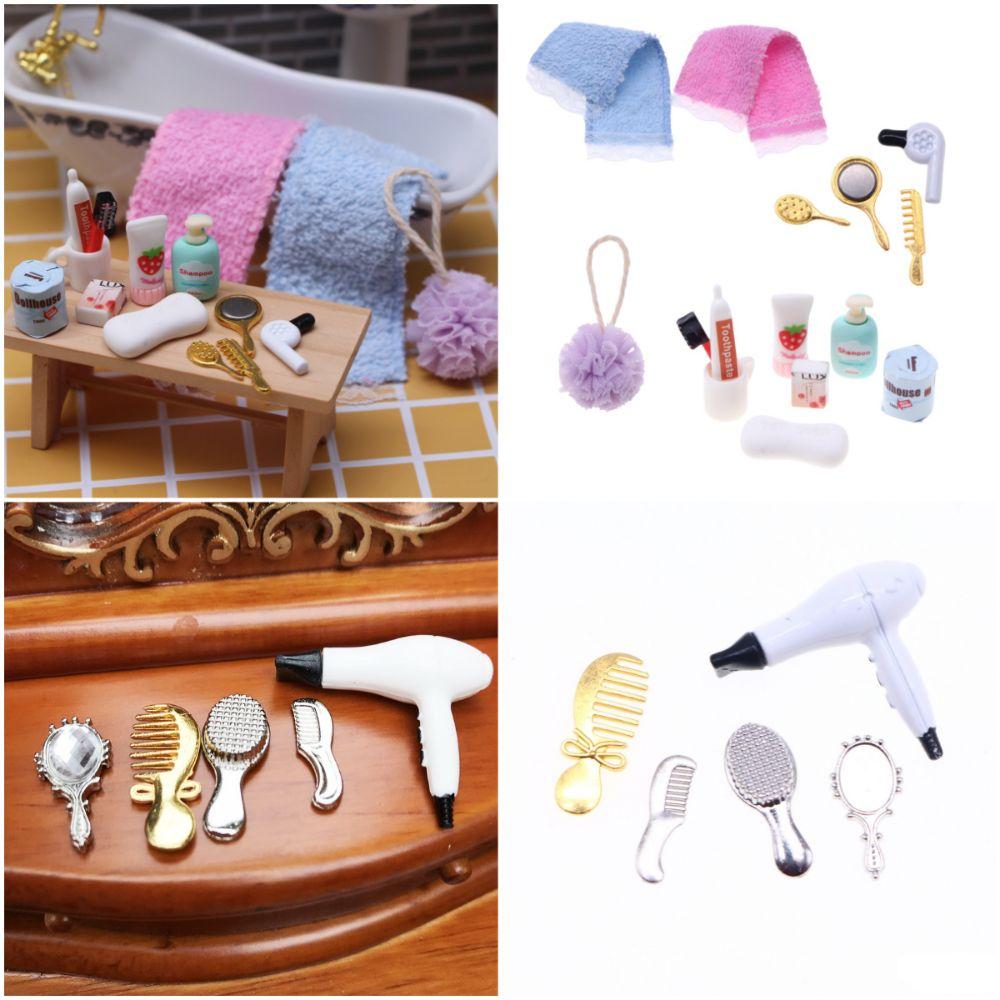1/12 Dollhouse Makeup Kit Plastic Doll Dressing Tool Set Creative Doll Hair Dryer Comb Toy