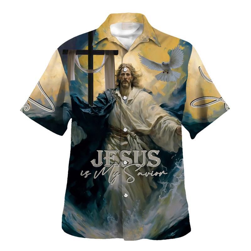 Fashion Unisex Vintage Jesus Graphic Hawaiian Shirts Fashion 3D Printed Shirts Tops Summer Short Sleeves Men Women Blouse Shirt