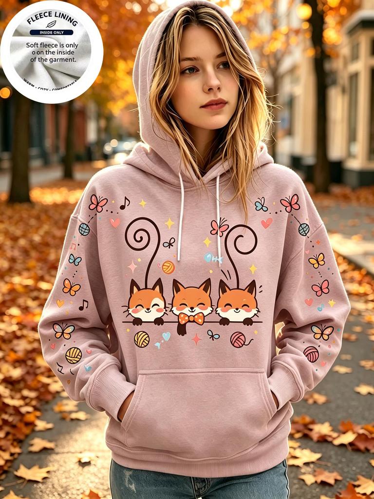 Women Fleece Hoodie, Lovely Cartoon Pet With Yarn Ball Print Long Sleeve Pullover, Sweet Casual Autumn Hooded Top