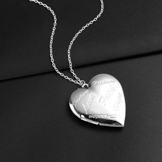 Couple Necklace Carved Design Metal Chain Gift Heart-shaped Photo Frame Pendant Necklace Jewelry Accessories