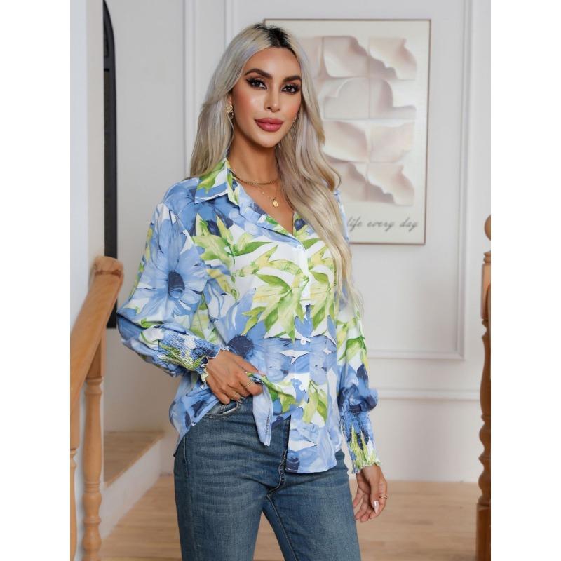 Spring and Autumn Women's Shirt Fashion Printed Lantern Sleeve Shirt Long Sleeve Shirt
