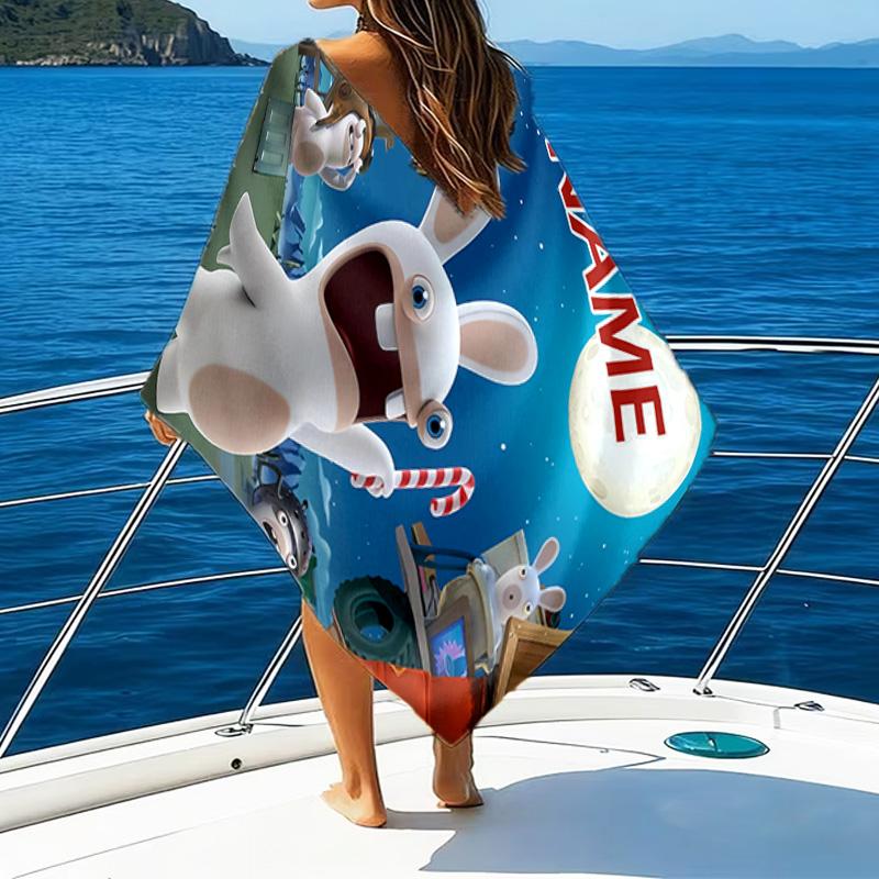 1pc Raving Rabbids Beach Towel with Custom Name, Beach/Swimming/Bath/Picnic/Camping Towel, Suitable for Seaside Beaches