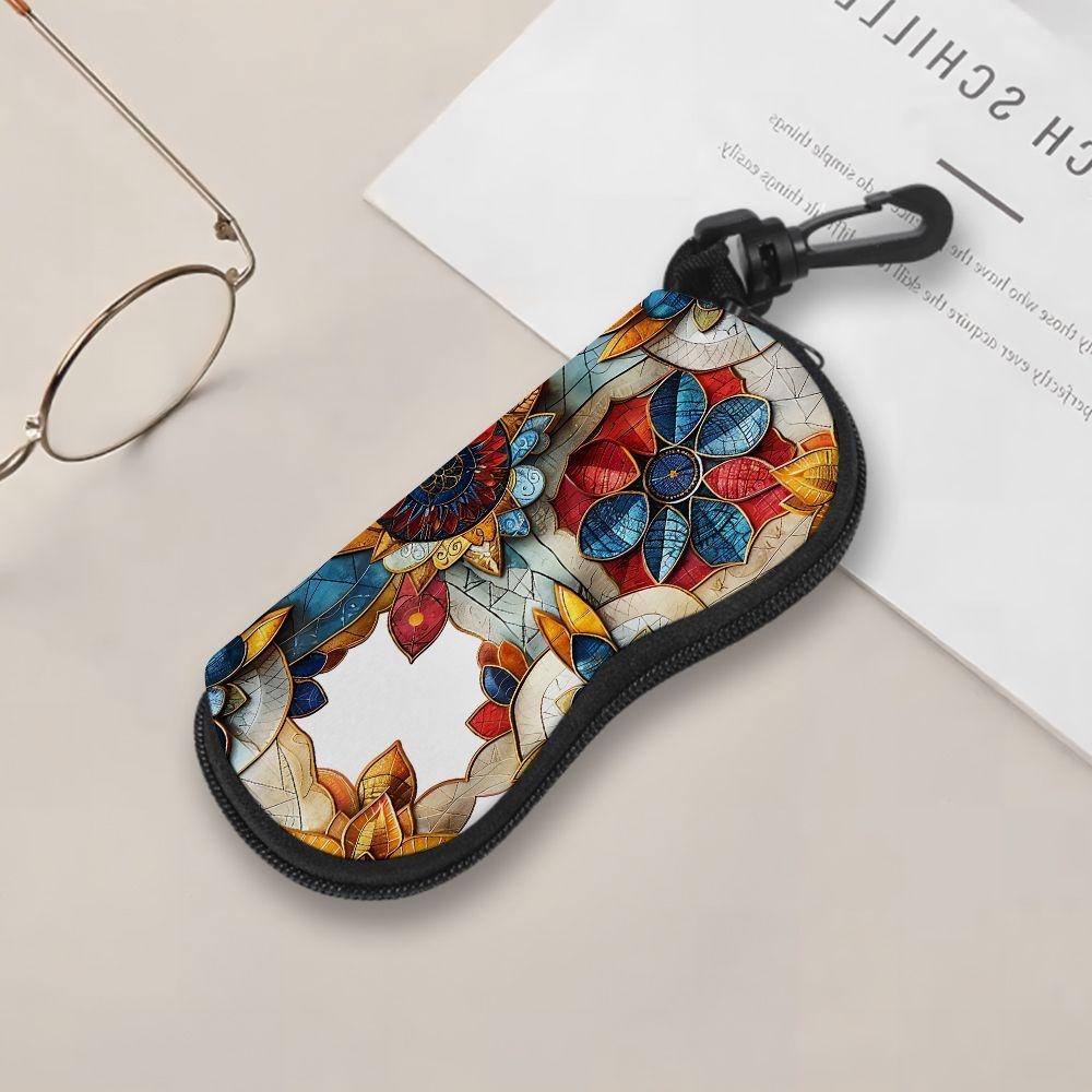 2D-Bohemian Mosaic Floral Patterned Sunglasses Case, Protective Zipper Eyeglasses Holder, Stylish Travel Eyewear Pouch, Vintage Design Glasses Accesso