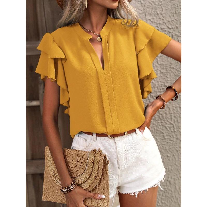 Women's Shirt Summer New V-neck Casual Ruffled Short Sleeve Solid Color Loose Shirt Tops Women Elegant Fashion Casual Women's Blouses