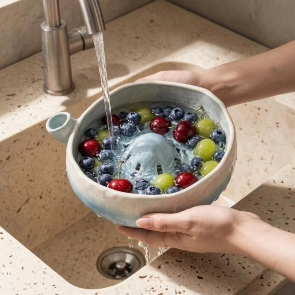 Self Spinning Berry Swirl Bowl Ceramic Fruit Rinse Bowl Easy Clean Berry Colander Bowl  Fruits