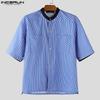 INCERUN Мужские повседневные рубашки с коротким рукавом, без воротника, в полоску, со строчкой