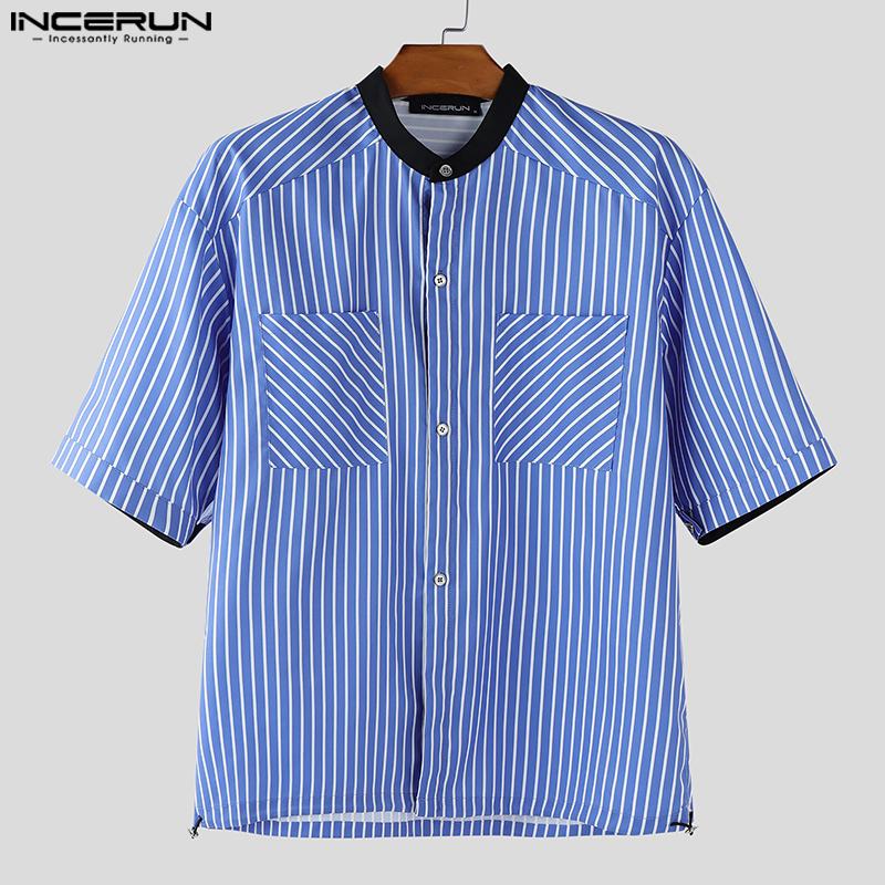 INCERUN Мужские повседневные рубашки с коротким рукавом, без воротника, в полоску, со строчкой