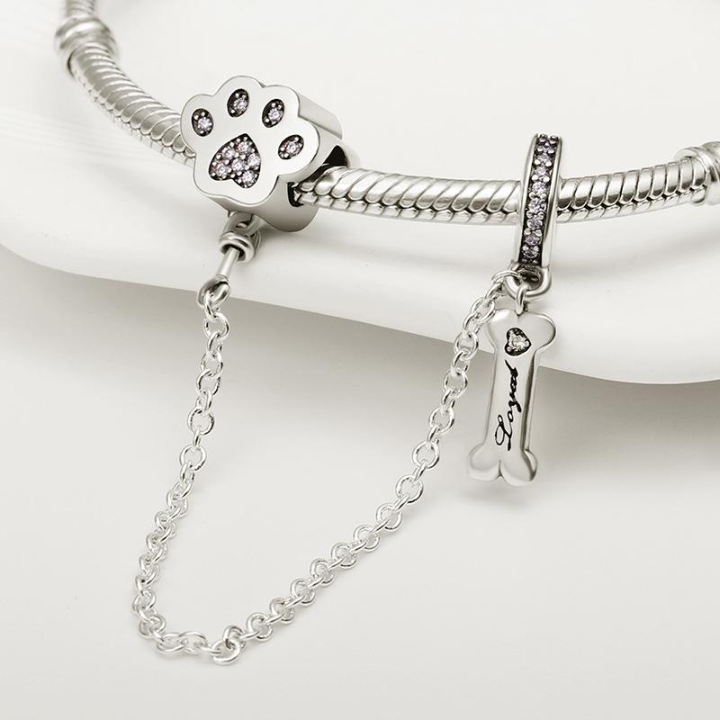 S925 Silver Pet Bone Safety Leash Bracelet DIY Jewelry for Dog Lovers Cute Accessories