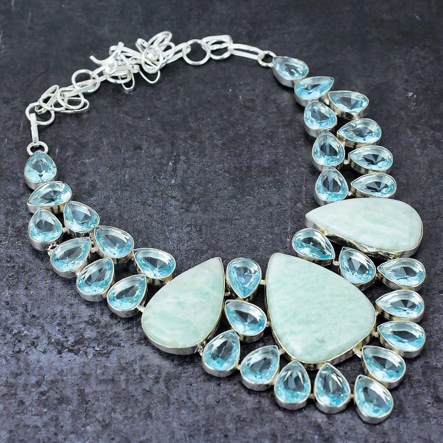 Natural Amazonite, Topaz Gemstone Handmade 925 Sterling Silver Necklace 18" f6M63