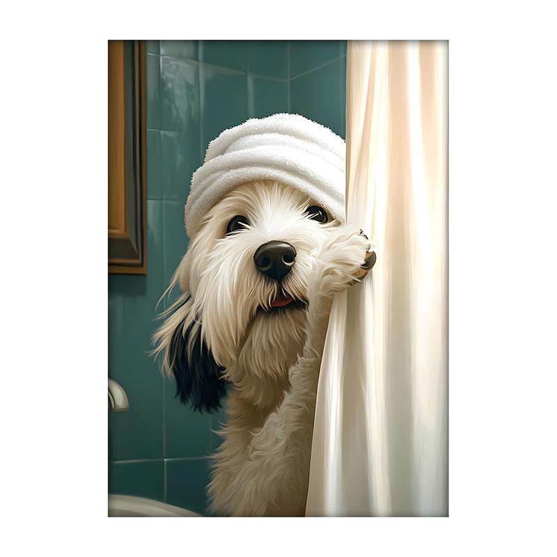Cute Shower Dog Bathroom Decor Poster Dog in Bathtub Print Animal Murals Canvas for Home Decor Dog Lover Gifts